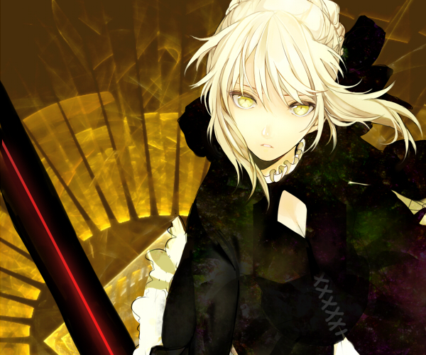 blonde_hair, cleavage_cutout, dress, fate/hollow_ataraxia, fate/unlimited_codes, fate_(series), gothic_lolita, hair_ribbon, lolita_fashion, ribbon, saber, saber_alter, solo, sword, weapon, yellow_eyes, youaresober
