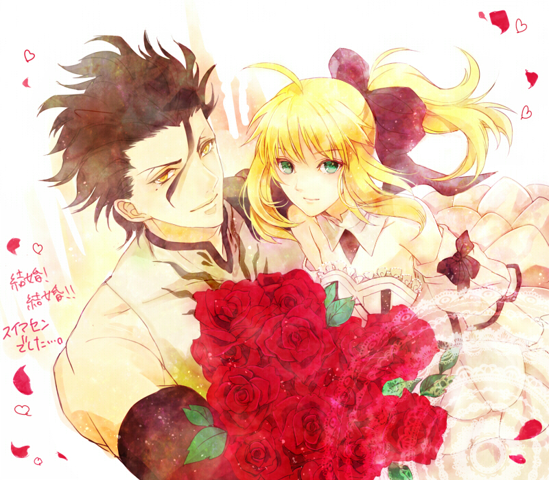 1girl, ahoge, armor, armored_dress, bare_shoulders, black_hair, blonde_hair, bouquet, bow, detached_sleeves, dress, fate/unlimited_codes, fate/zero, fate_(series), flower, green_eyes, hair_bow, lancer_(fate/zero), light_persona, long_hair, mole, palette_swap, ponytail, red_rose, rose, saber, saber_lily, yellow_eyes, youaresober