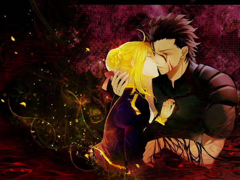 1girl, ahoge, black_hair, blonde_hair, blood, bloody_tears, closed_eyes, couple, dress, eyes_closed, fate/zero, fate_(series), kiss, lancer_(fate/zero), pauldrons, saber, yellow_eyes, youaresober