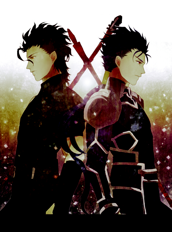 ahoge, black_hair, blue_hair, earrings, fate/stay_night, fate/zero, fate_(series), gae_bolg