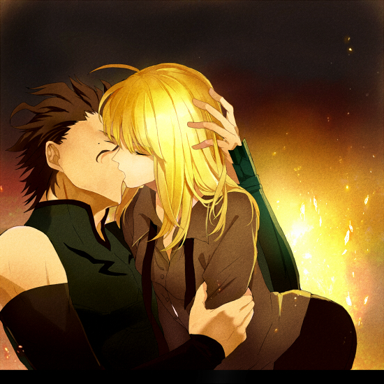 1girl, ahoge, black_hair, blonde_hair, closed_eyes, couple, eyes_closed, fate/zero