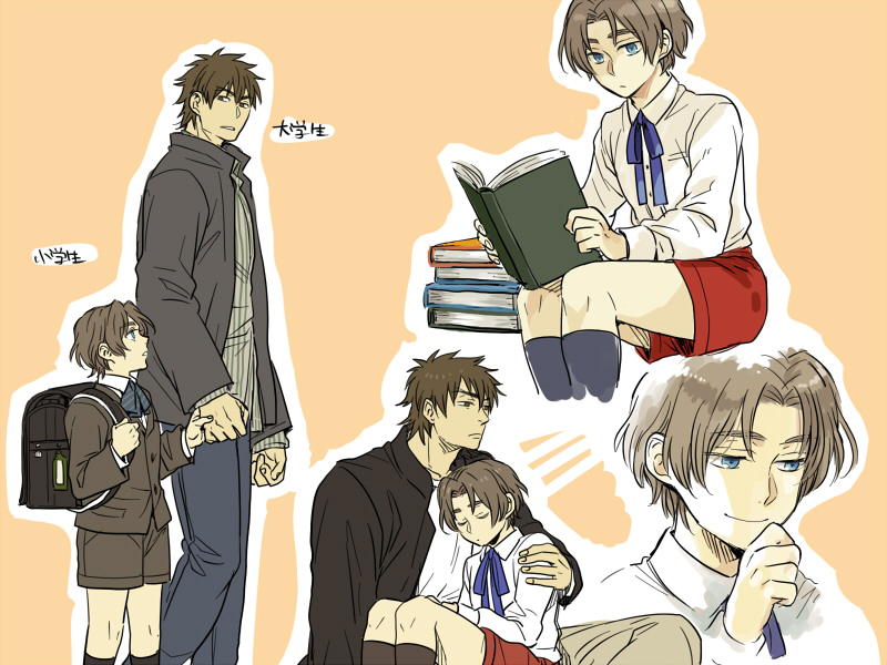 bag, blue_eyes, book, bookbag, brown_eyes, brown_hair, casual, child
