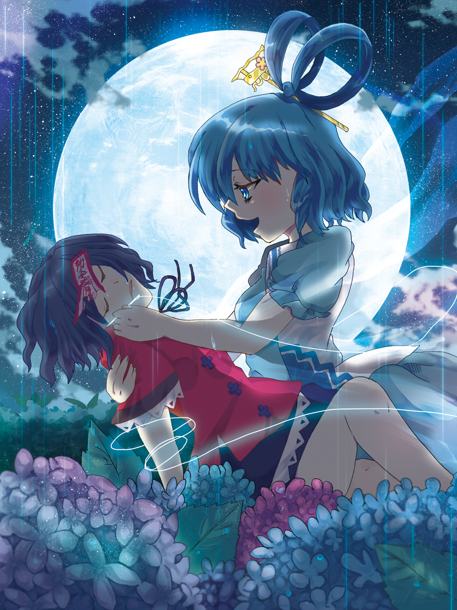 blue_eyes, blue_hair, closed_eyes, dress, eyes_closed, flower, full_moon, hair_rings, hair_stick, highres, kaku_seiga, miyako_yoshika, moon, multiple_girls, needle, ofuda, open_mouth, profile, rain, short_sleeves, sky, star_(sky), starry_sky, string, touhou, tsushima_shigure