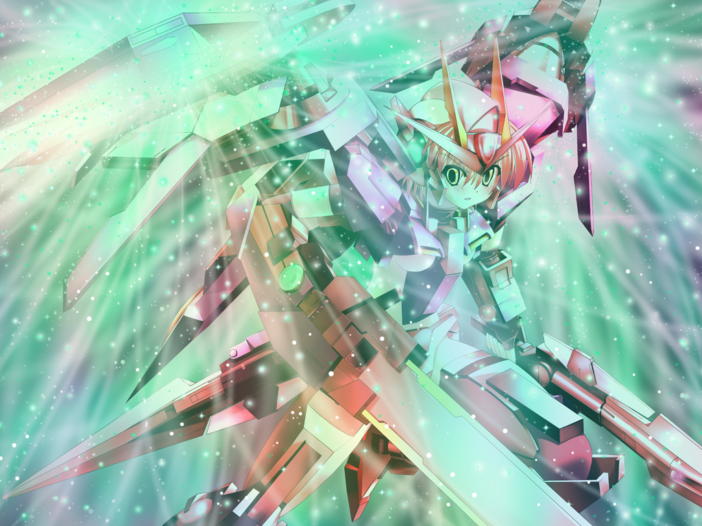 00_gundam, 1girl, dual_wielding, gundam, gundam_00, mecha_musume, rapattu, sword