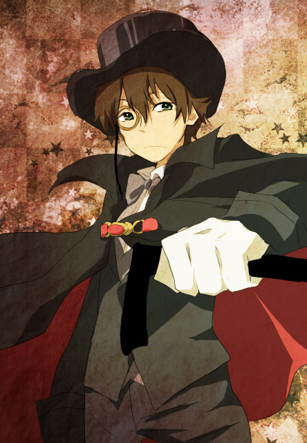 arsene_lupin_(cosplay), bowtie, brown_hair, cane, cape, cosplay, formal, gloves, green_eyes, hat, hyouka, kimi_ni_matsuwaru_mystery, monocle, oreki_houtarou, solo, top_hat, yaminagi_kiyuu