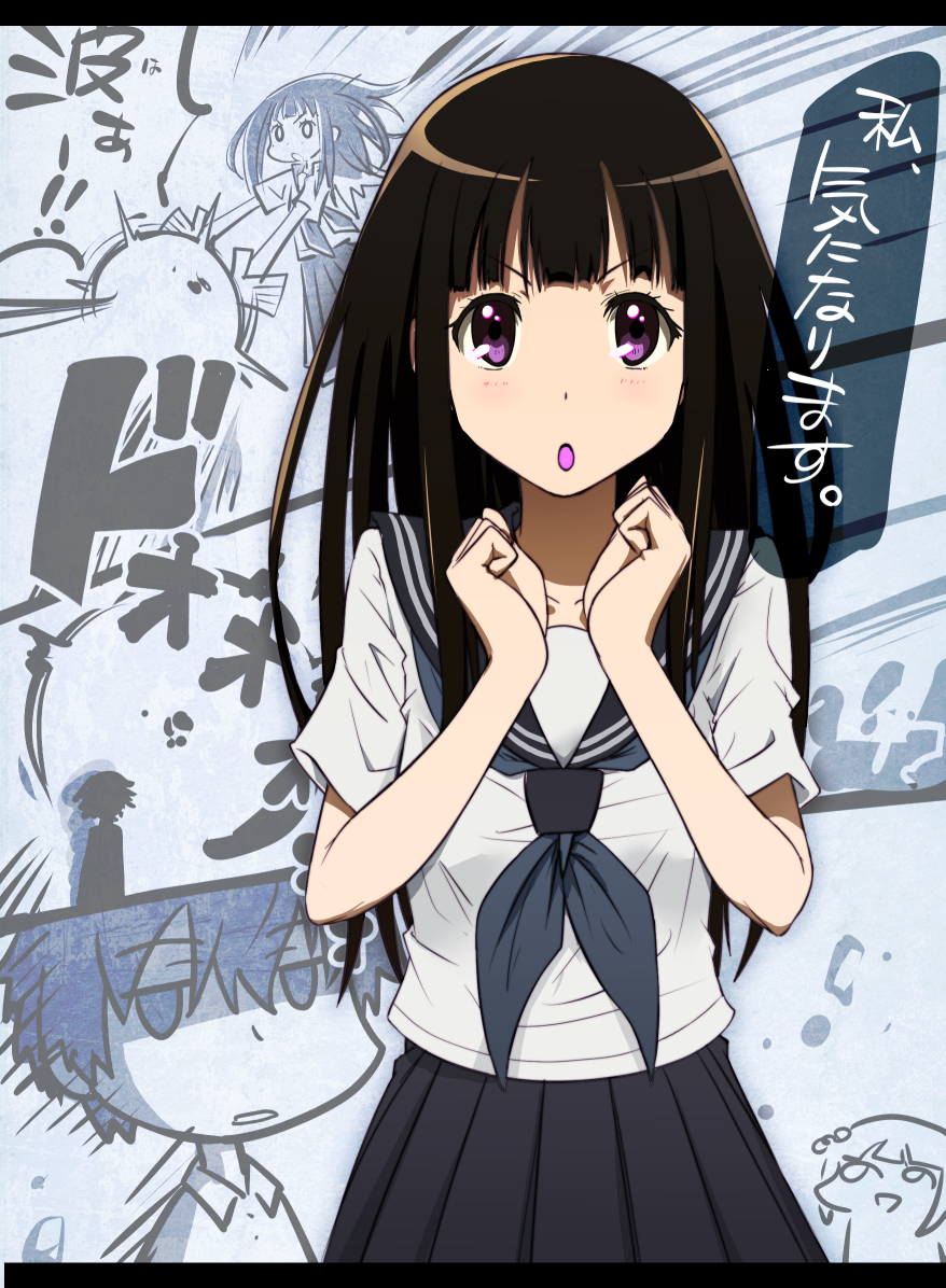 black_hair, blush, chitanda_eru, hyouka, idolmaster, letterboxed, long_hair, momojiri_tarou