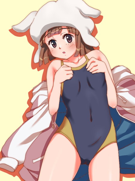 :o, ai_hoshimiya, bangs, blunt_bangs, blush, brown_eyes, brown_hair, competition_swimsuit