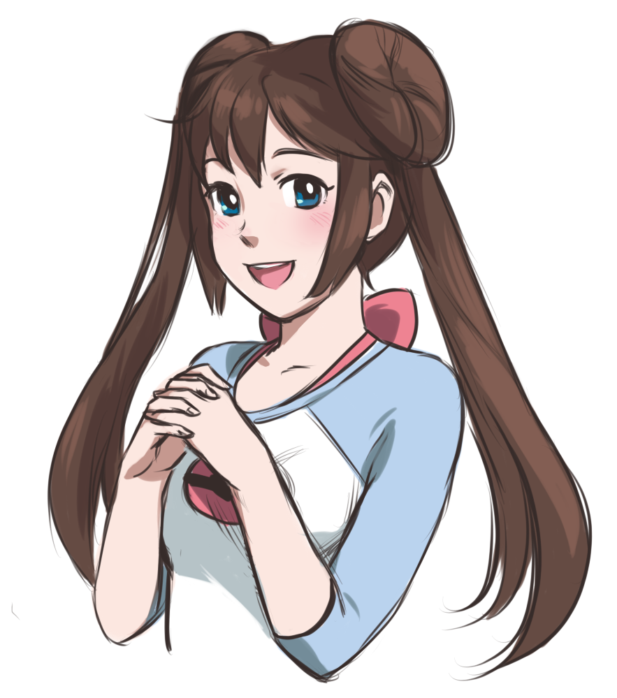 blue_eyes, blush, bow, brown_hair, double_bun, interlocked_fingers, long_hair, magical_ondine
