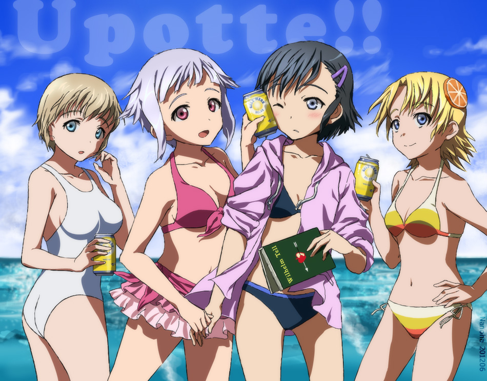 bikini, bikini_skirt, black_eyes, black_hair, blonde_hair, blue_eyes, book, can