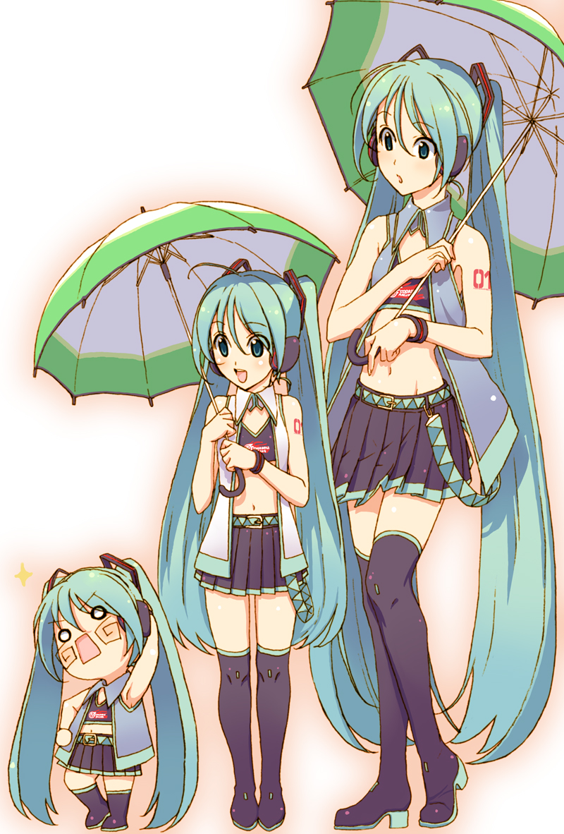 alternate_costume, aqua_eyes, aqua_hair, blush, chibi_miku, child, hachune_miku, hand_on_headphones