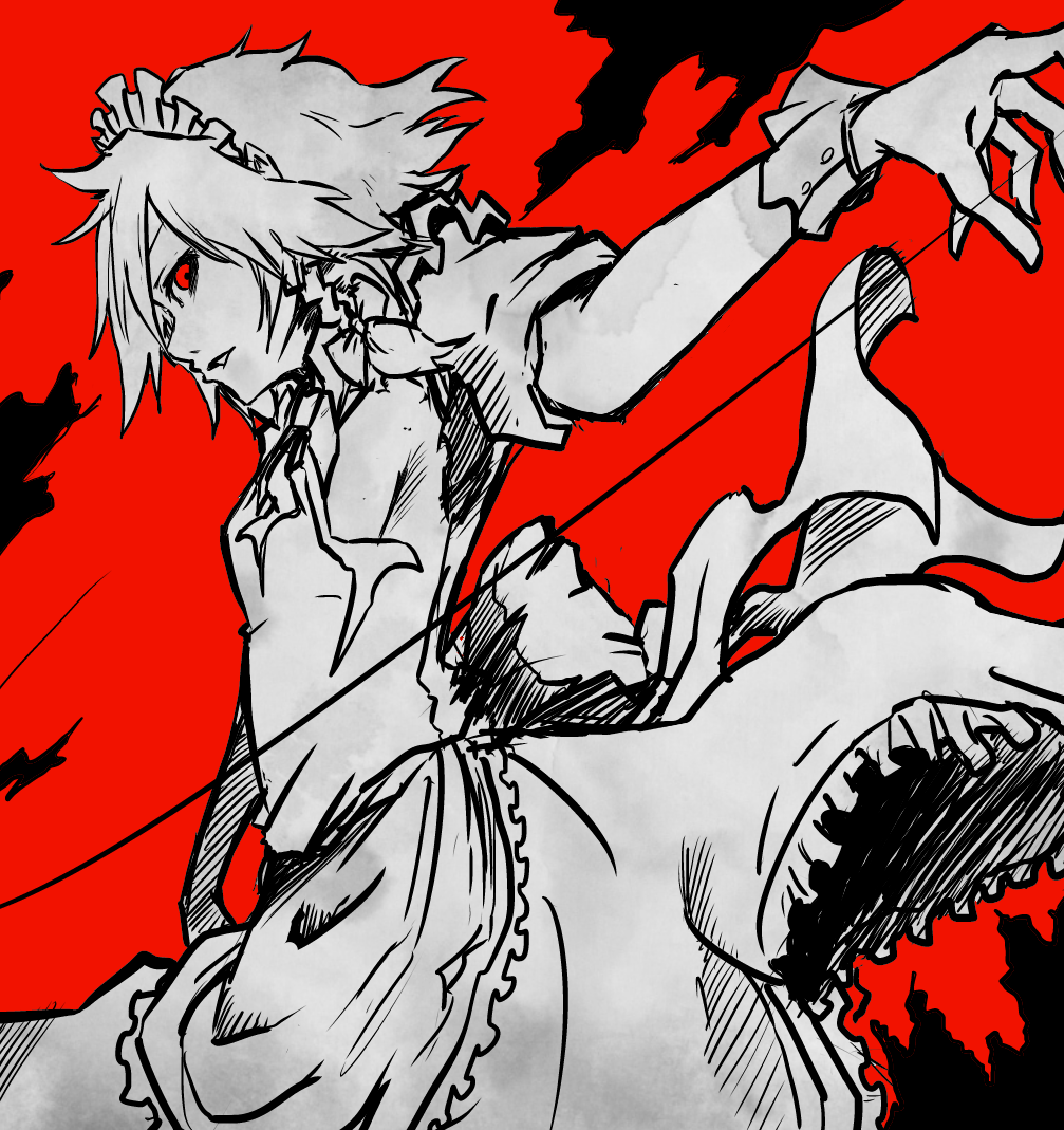 itosiki_zetu, izayoi_sakuya, maid, monochrome, partially_colored, profile, red_background, solo
