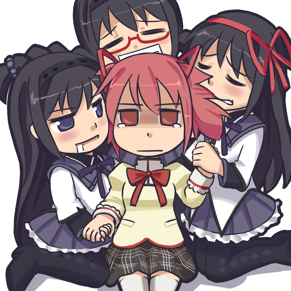 akachuu_no_gema, akemi_homura, blush, bow, chibi, drooling, eyes_closed, flat_gaze