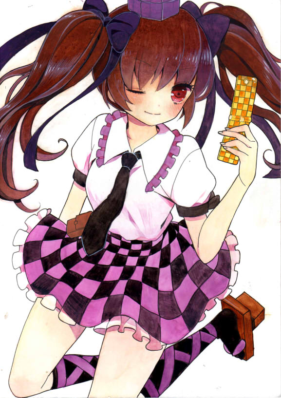 black_legwear, blouse, brown_hair, case, cha_(cha0-0), checkered, checkered_skirt, geta