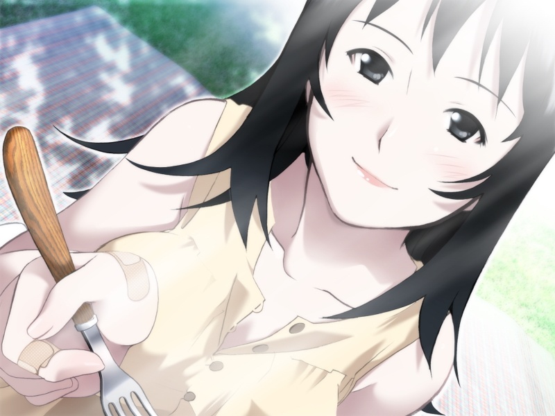 black_eyes, black_hair, fork, game_cg, jinguuji_rio, senpai_ga_fiancee!?, shinohara_yuuno, smile