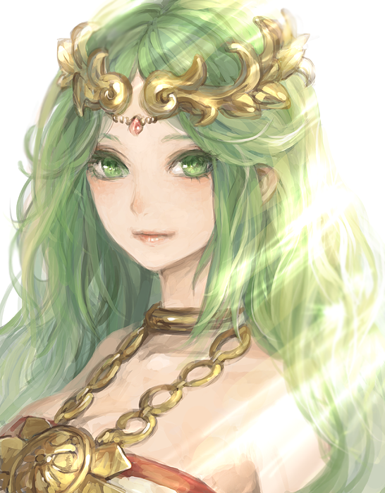 bare_shoulders, bonnou-s-rice, green_eyes, green_hair, jewelry, kid_icarus, long_hair, palutena, solo