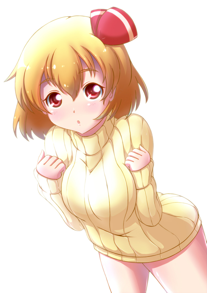 banderasu, blonde_hair, blush, bottomless, breast_squeeze, breasts, hair_ribbon, highres