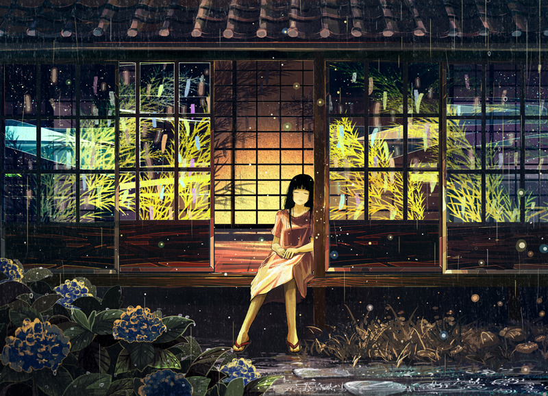 black_hair, closed_eyes, east_asian_architecture, eyes_closed, flower, gemi, hydrangea, original