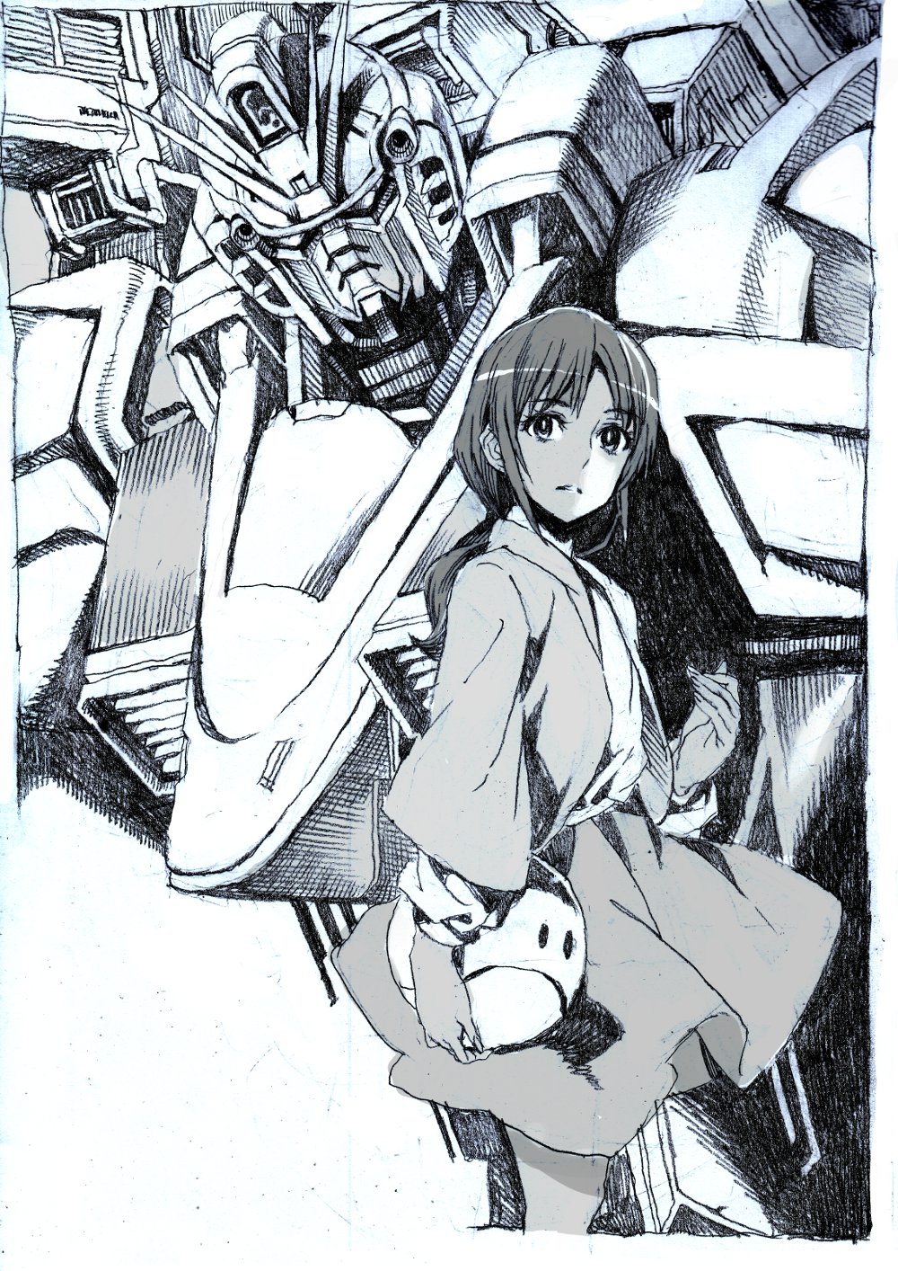 gundam, highres, holding, long_hair, mecha, monochrome, nobita, shakti_kareen, solo, traditional_media, v_gundam, victory_gundam