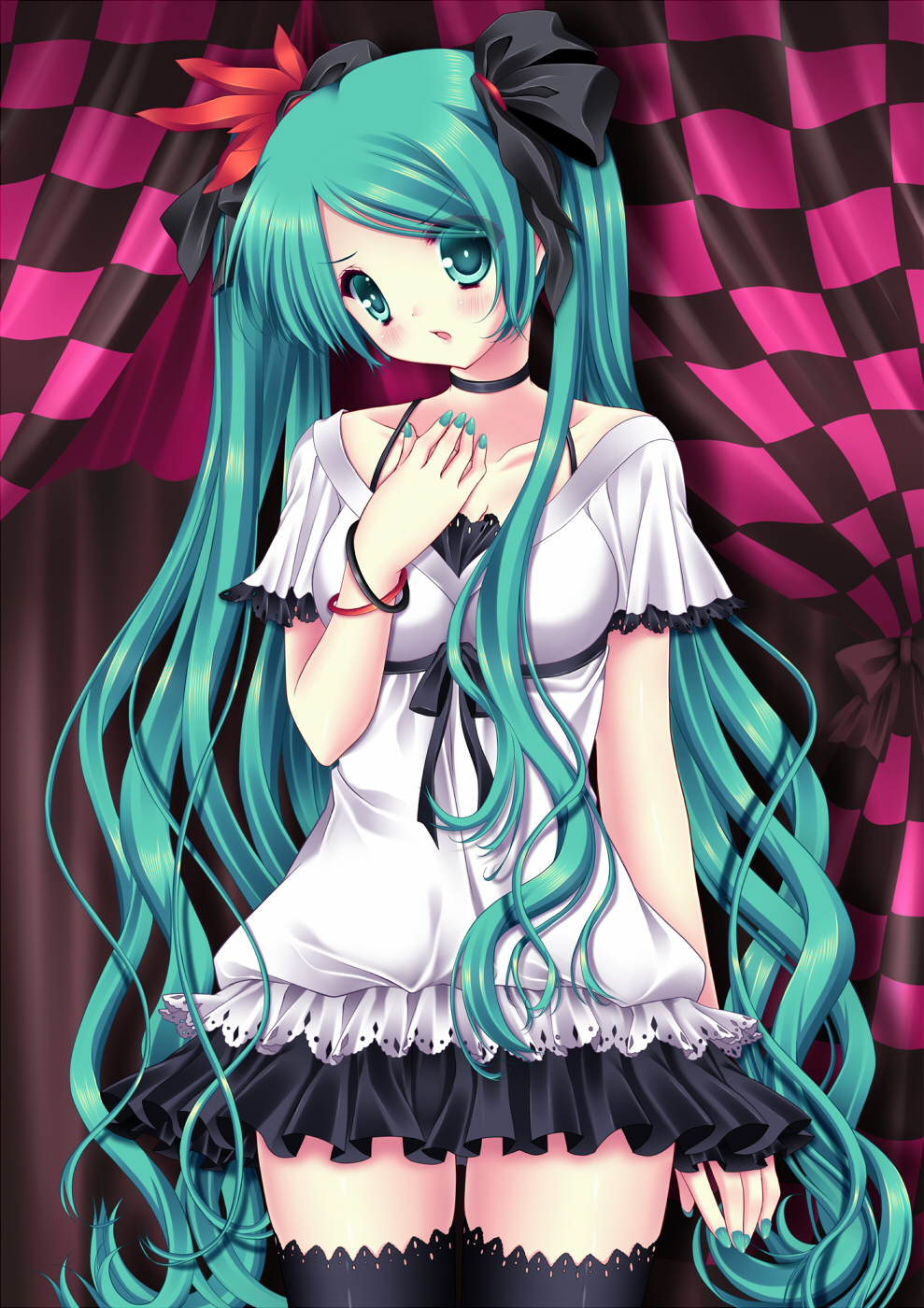 bracelet, checkered, checkered_background, choker, green_eyes, green_hair, hand_on_own_chest, hatsune_miku