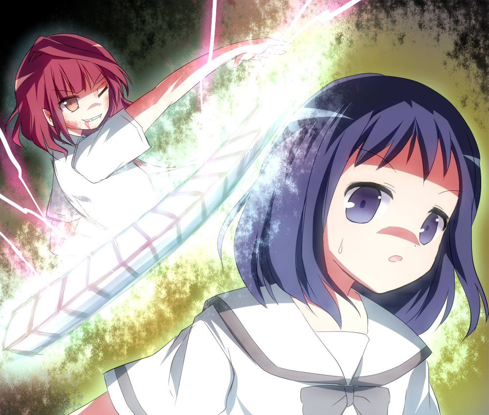 akado_harue, blue_eyes, blue_hair, grin, kokaji_sukoya, mahjong_tiles, multiple_girls, nobu0