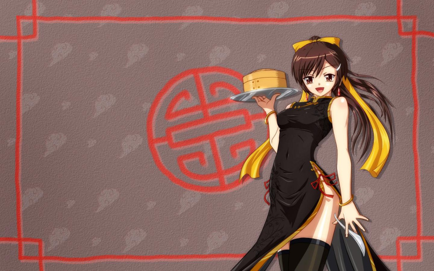 bad_id, bamboo_steamer, bare_shoulders, black_legwear, brown_eyes, brown_hair, china_dress, chinadress, chinese_clothes, copyright_request, dish, hair_ornament, hair_ribbon, hairclip, hairpin, long_hair, open_mouth, ponytail, ribbon, shino_(pixia), side_slit, solo, spoon, thigh-highs, thighhighs, wallpaper
