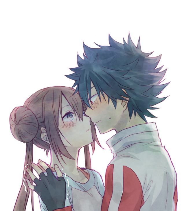 1girl, akira_(ku0427), black_hair, blue_eyes, blush, brown_eyes, brown_hair, couple, double_bun, eye_contact, fingerless_gloves, gloves, height_difference, hue_(pokemon), jacket, looking_at_another, mei_(pokemon), no_headwear, pokemon, pokemon_(game), pokemon_bw2, raglan_sleeves, ribbon, spiked_hair, spiky_hair, trembling, twintails, white_background