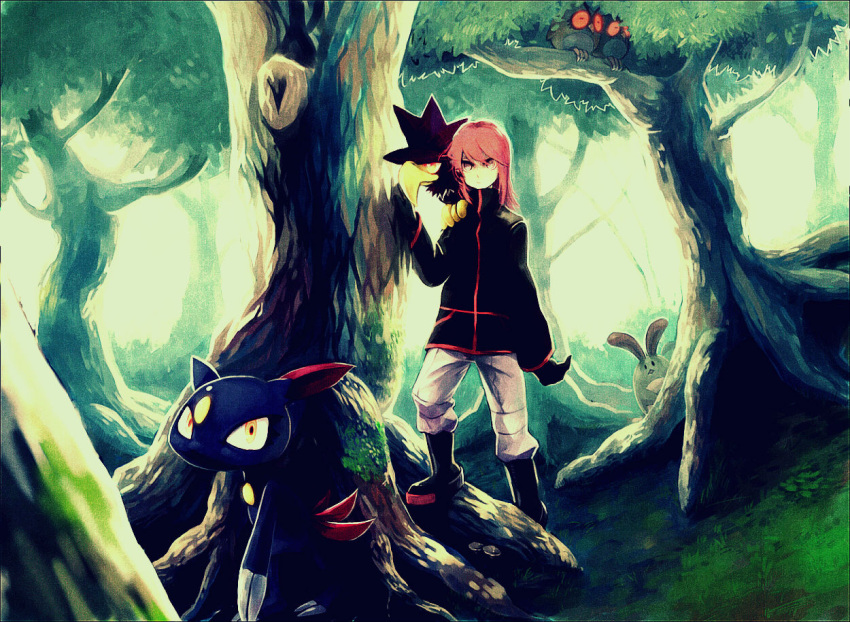 forest, gloves, glowing, glowing_eyes, grey_eyes, hoothoot, male, murkrow