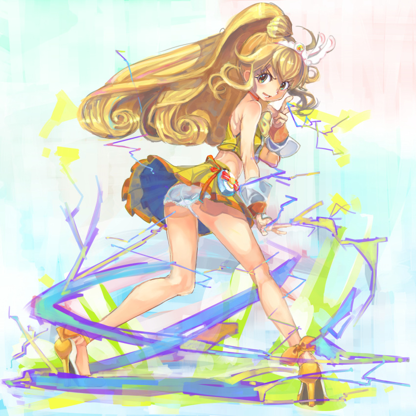 blonde_hair, blush, choker, cure_peace, electricity, from_behind, hair_ornament, high_heels, highres, ianeramatati, kise_yayoi, long_hair, looking_back, magical_girl, midriff, open_mouth, panties, pantyshot, ponytail, precure, shoes, skirt, smile_pact, smile_precure!, solo, underwear, v, white_panties, wind, wrist_cuffs, yellow_eyes
