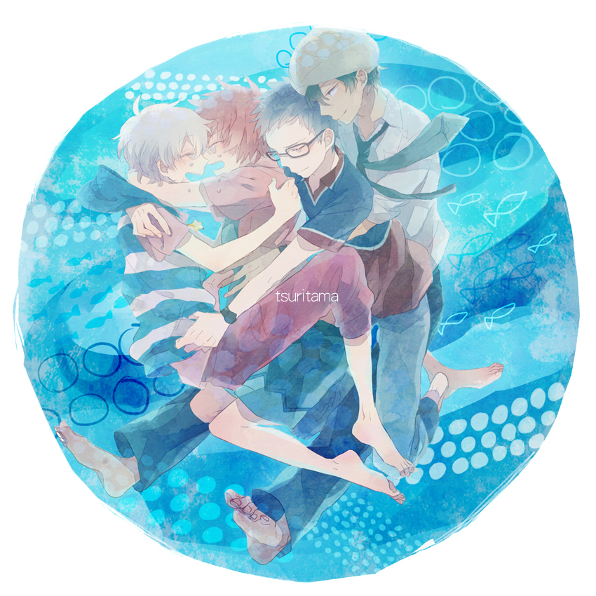 ahoge, akira_agarkar_yamada, bad_id, black_hair, blonde_hair, glasses, haru_(tsuritama), hug