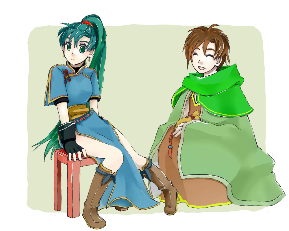 1girl, :d, boots, brown_hair, chair, cloak, closed_eyes, dress, earrings, eyes_closed, fingerless_gloves, fire_emblem, fire_emblem:_rekka_no_ken, frown, gloves, green_eyes, green_hair, hair_ribbon, high_ponytail, ifuu_(mizuki66), jewelry, long_hair, lyndis_(fire_emblem), open_mouth, ponytail, ribbon, side_slit, sitting, smile, tactician_(fire_emblem)