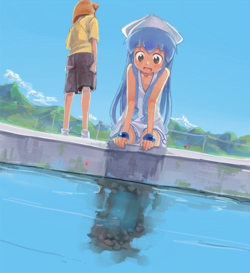 aizawa_eiko, blue_eyes, blue_hair, brown_hair, dress, from_behind, hat, highres