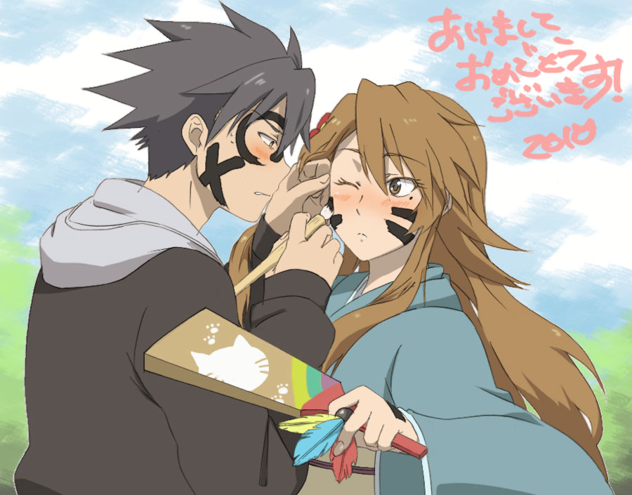 bad_id, blush, calligraphy_brush, face_painting, hagoita, hanetsuki, japanese_clothes, jpeg_artifacts