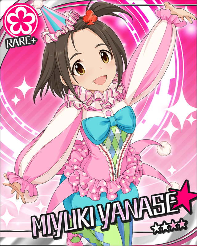 :d, black_hair, bow, brown_eyes, clown, flower, hat, idolmaster