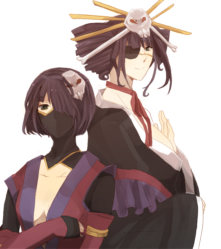 bleach, bleach:_zanpakutou_ibun_hen, breasts, choker, cleavage, drill_hair, dual_persona, elbow_gloves, eyepatch, fingerless_gloves, gloves, green_eyes, hair_ornament, hair_over_one_eye, japanese_clothes, katen_kyokotsu, kimono, large_breasts, mask, mayana_(bbpp), mayana_(mezameta), multiple_girls, purple_hair, short_hair, skull_hair_ornament, smile, twin_drills, zanpakuto_spirit, zanpakutou_(spirit)