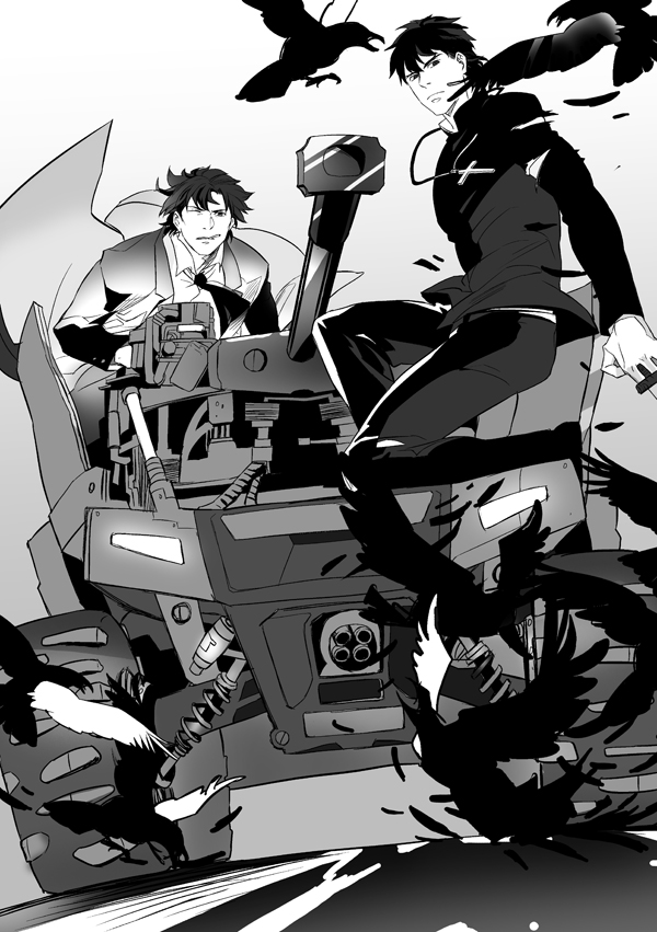 2boys, bird, crows, emiya_kiritsugu, fate/zero, fate_(series), greyscale, gun