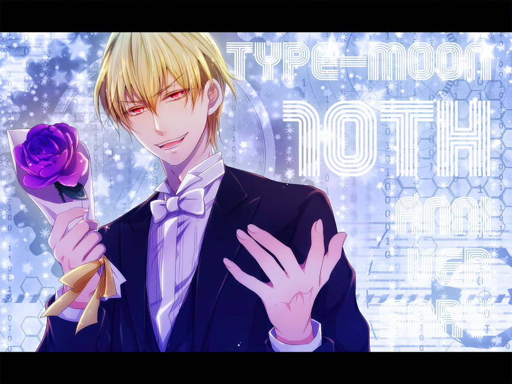 1boy, blonde_hair, bowtie, fate/zero, fate_(series), flower, formal, gilgamesh