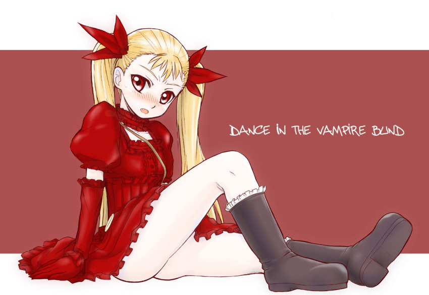 1girl, blonde_hair, blush, boots, copyright_name, dance_in_the_vampire_bund, dress, elbow_gloves, fang, gloves, long_hair, mina_tepes, red_background, red_eyes, ribbon, sitting, solo, twintails, vt