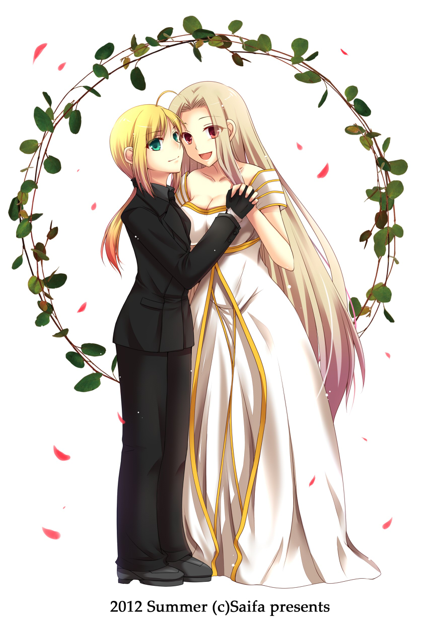 ahoge, bad_id, black_gloves, blonde_hair, dress, fate/zero, fate_(series), formal