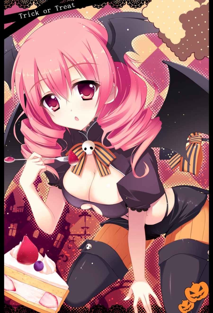 :o, alternate_costume, alternate_hairstyle, argyle, argyle_background, bat_wings, black_legwear, breasts, cake, cleavage, drill_hair, food, fork, fruit, halloween, head_wings, highres, holding, inu_x_boku_ss, large_breasts, looking_at_viewer, midriff, navel, open_mouth, pillarboxed, pink_hair, raiou, red_eyes, roromiya_karuta, slice_of_cake, solo, strawberry, thigh-highs, thighhighs, twin_drills, wings