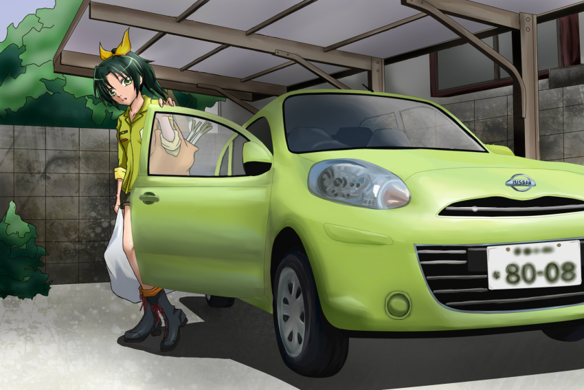 1girl, car, female, forestss, green_eyes, green_hair, highres, midorikawa_nao
