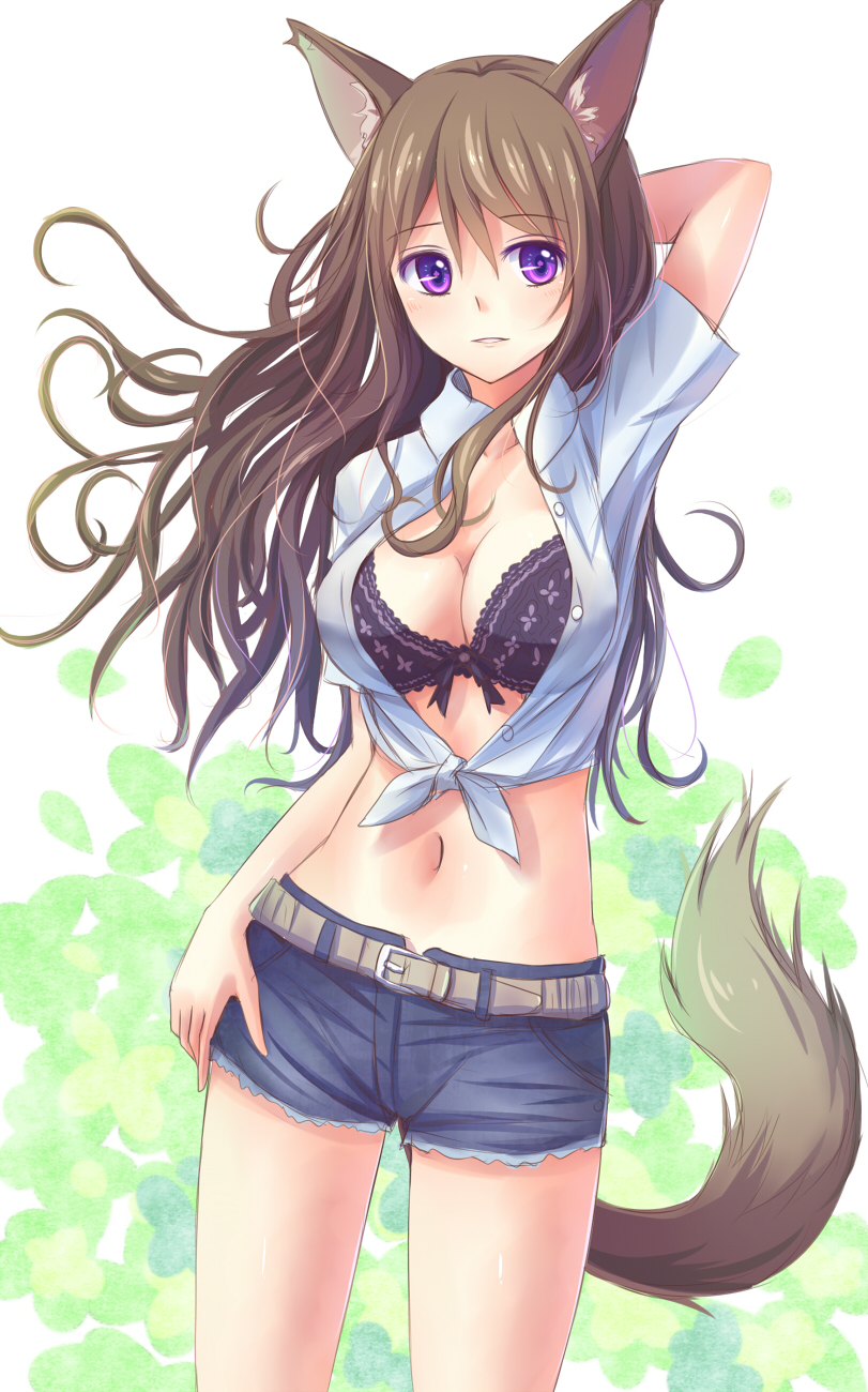 animal_ears, belt, bra, breasts, brown_hair, cleavage, cutoffs, dog_ears