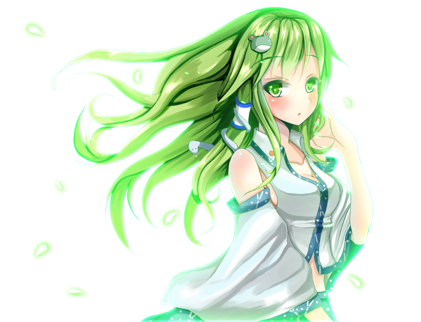 atelier_yuu, green_eyes, green_hair, kochiya_sanae, long_hair, petals, touhou