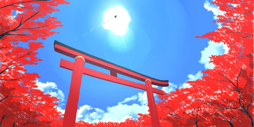 flying, highres, hutotomomo, inubashiri_momiji, seu_(hutotomomo), sun, torii, touhou