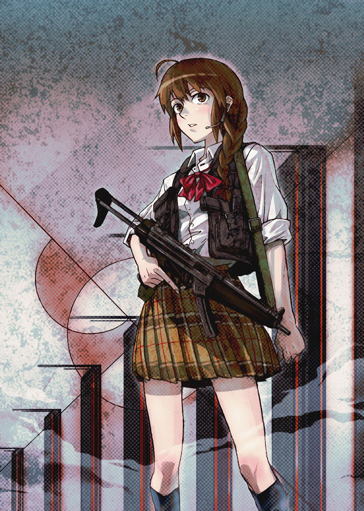 1girl, 40hara, ahoge, blush, bowtie, braid, brown_hair, gun