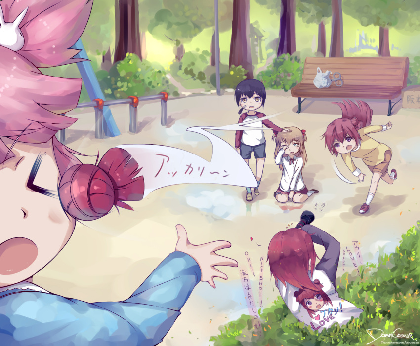 >_<, akaza_akane, akaza_akari, bandage, bandages, black_hair, blush_stickers, brown_eyes, brown_hair, bush, camera, child, crank, detached_hair, double_bun, dreamcatcher, english, funami_yui, hair_ribbon, headband, highres, long_hair, multiple_girls, open_mouth, park, pink_hair, raglan_sleeves, red_eyes, red_hair, redhead, ribbon, short_hair, sitting, tears, throwing, toshinou_kyouko, tree, two_side_up, wariza, yoshikawa_chinatsu, young, yuru_yuri