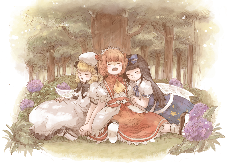 against_tree, blonde_hair, bow, dress, drill_hair, flower, hair_bow, hat