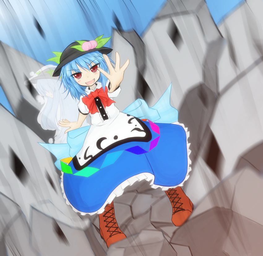 alternate_hair_length, alternate_hairstyle, blue_hair, blush, bow, cross-laced_footwear, dress, fang