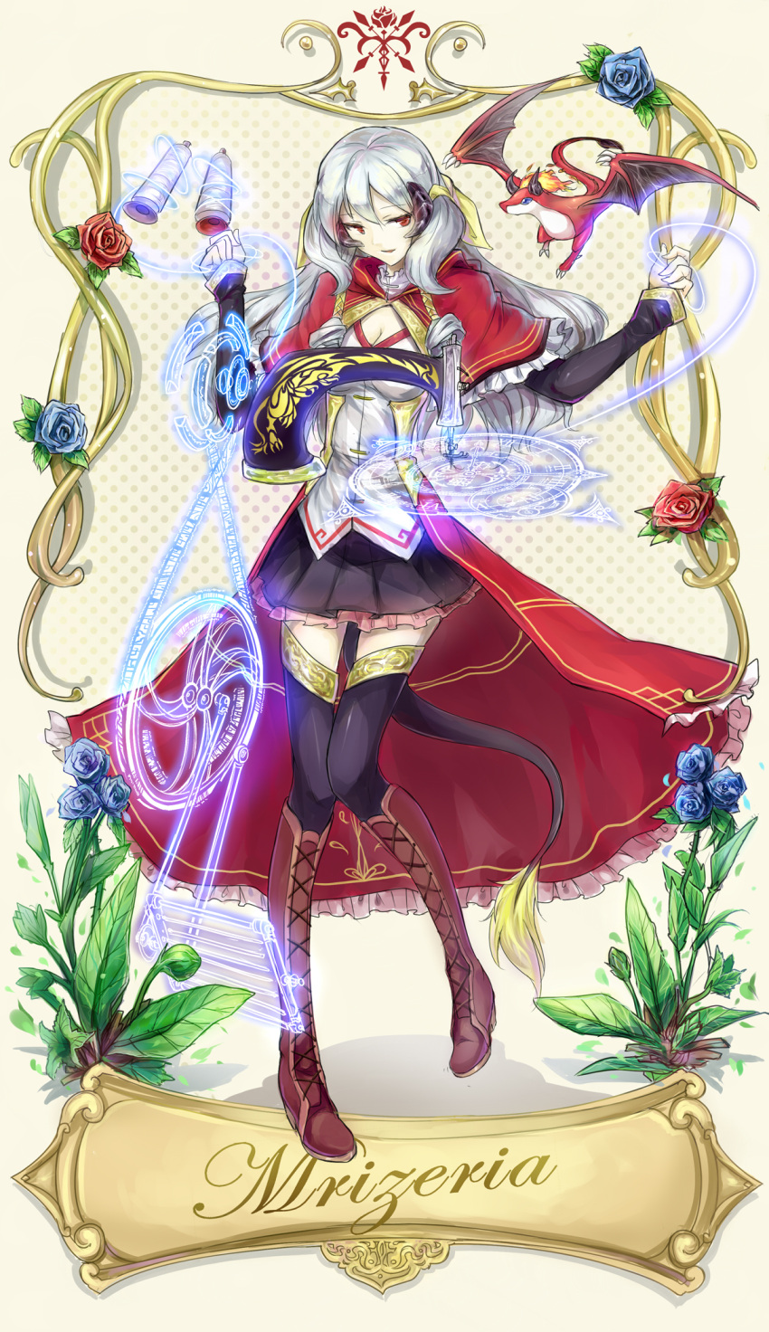 dragon, fire, flower, grey_hair, hair_ribbon, hair_tubes, highres, horns, magic, pixiv_fantasia, pixiv_fantasia_sword_regalia, red_eyes, ribbon, silversirius, smile, tail, thigh-highs, thighhighs, thread