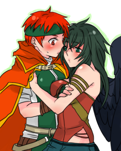 1girl, :o, arm_strap, bare_shoulders, black_hair, black_wings, blush, breast_press, breasts, cape, fingerless_gloves, fire_emblem, fire_emblem:_akatsuki_no_megami, genderswap, gloves, green_eyes, headband, hiichi, hug, long_hair, lowres, red_eyes, red_hair, redhead, sweadrop, sweatdrop, tormod, vika, wings
