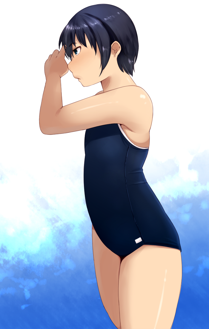 black_hair, flat_chest, original, school_swimsuit, short_hair, swimsuit, wachiwo
